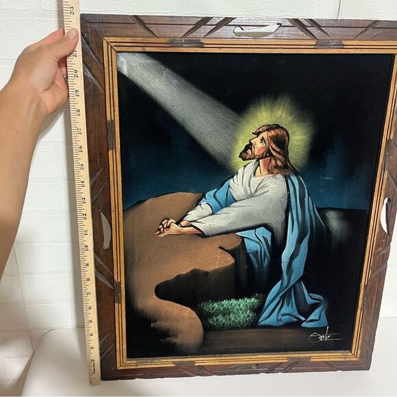 Framed Jesus Wall Art with Blue and Brown Accents made in Mexico - Picture 2 of 10